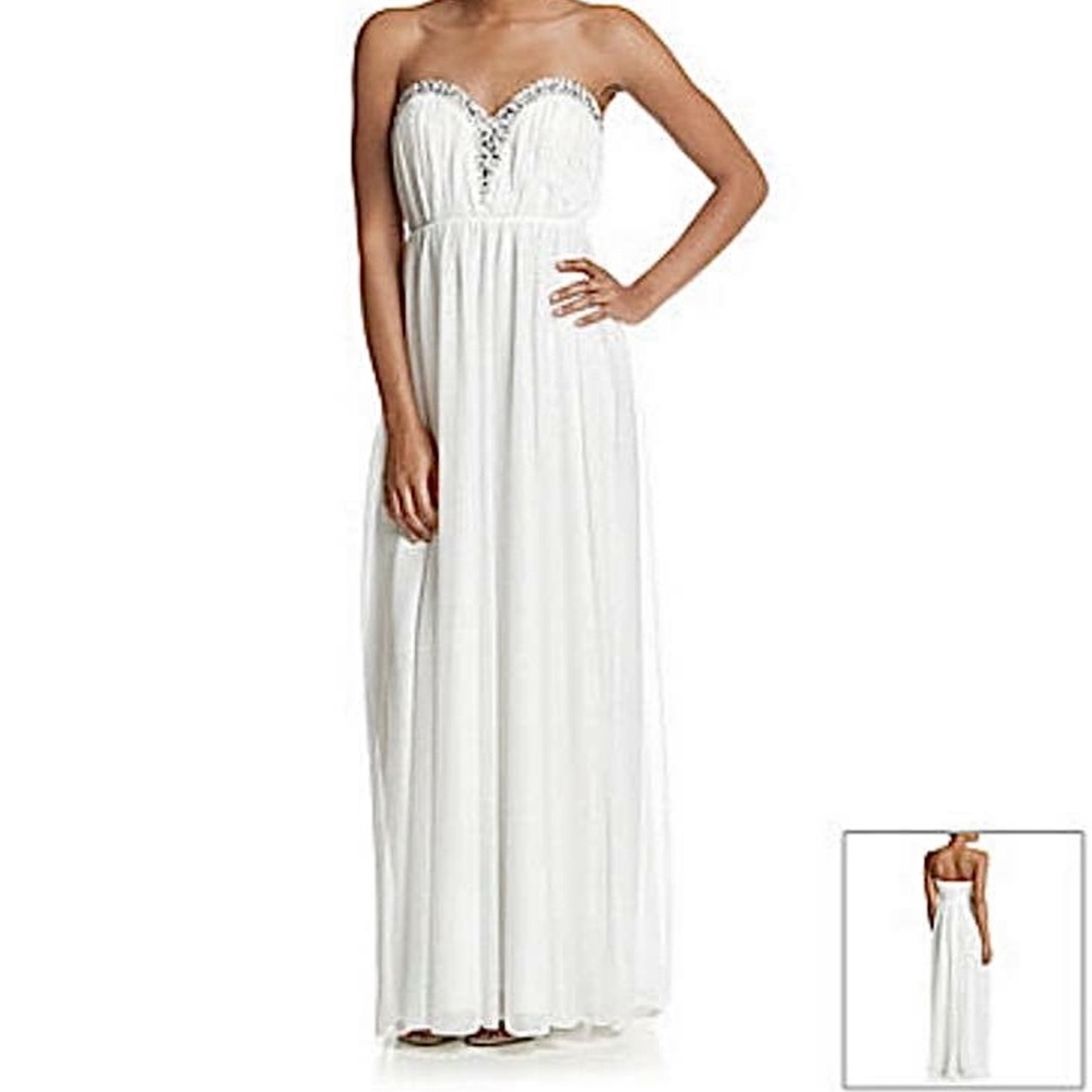 My Michelle Strapless Glitter Mesh Dress With Jeweled Plung Neck